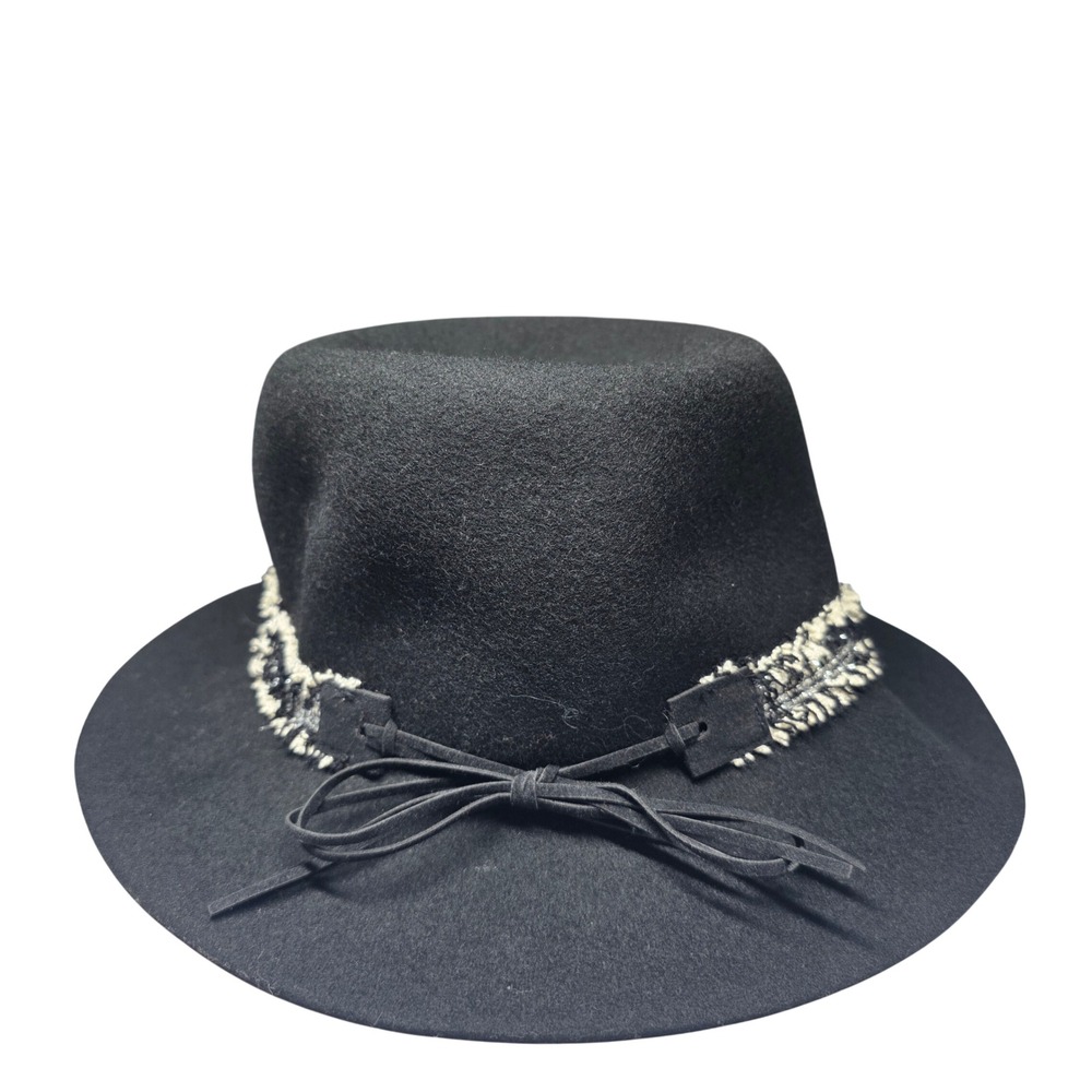 Nine West Black 100% Wool Fedora Hat Tweed Band Bow Accent One Size Wide Brim